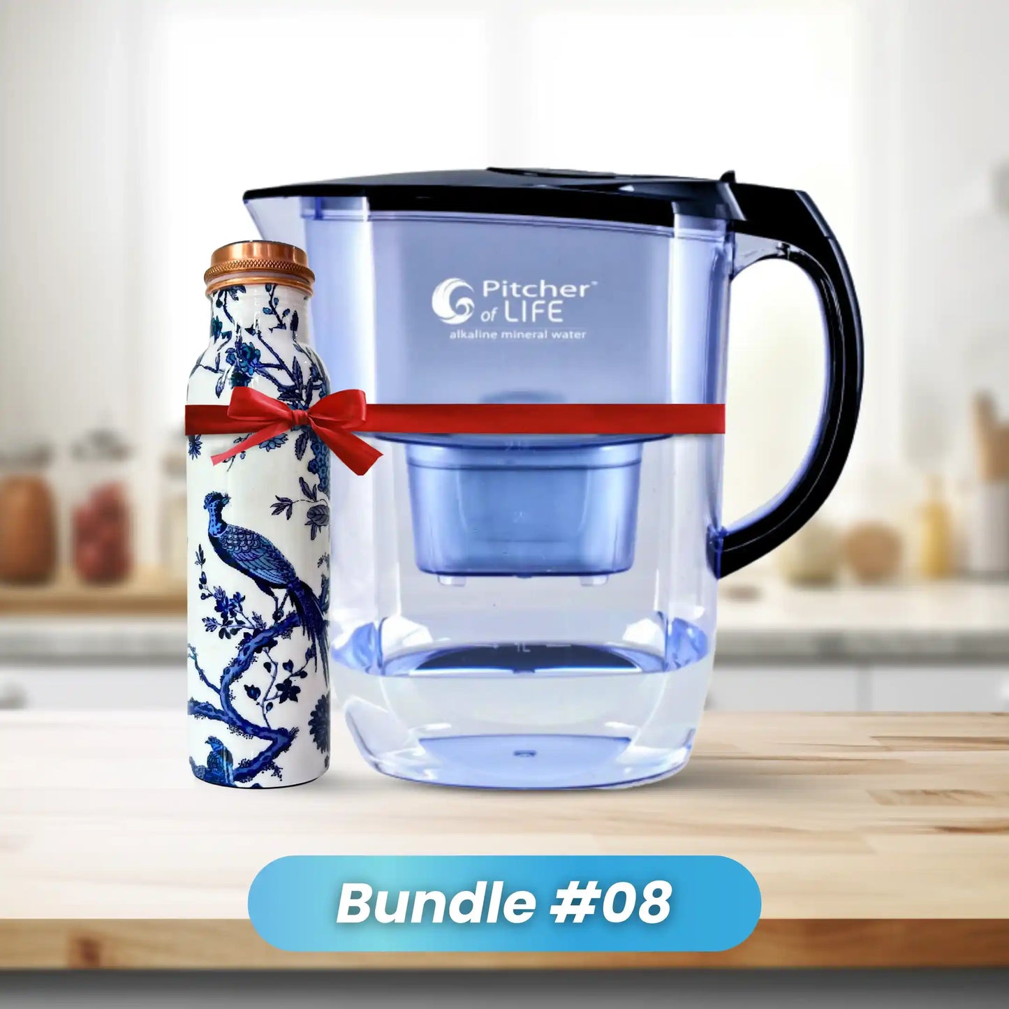 Alkaline Water Filter Pitcher with Blue and White Peacock Design Copper Bottle