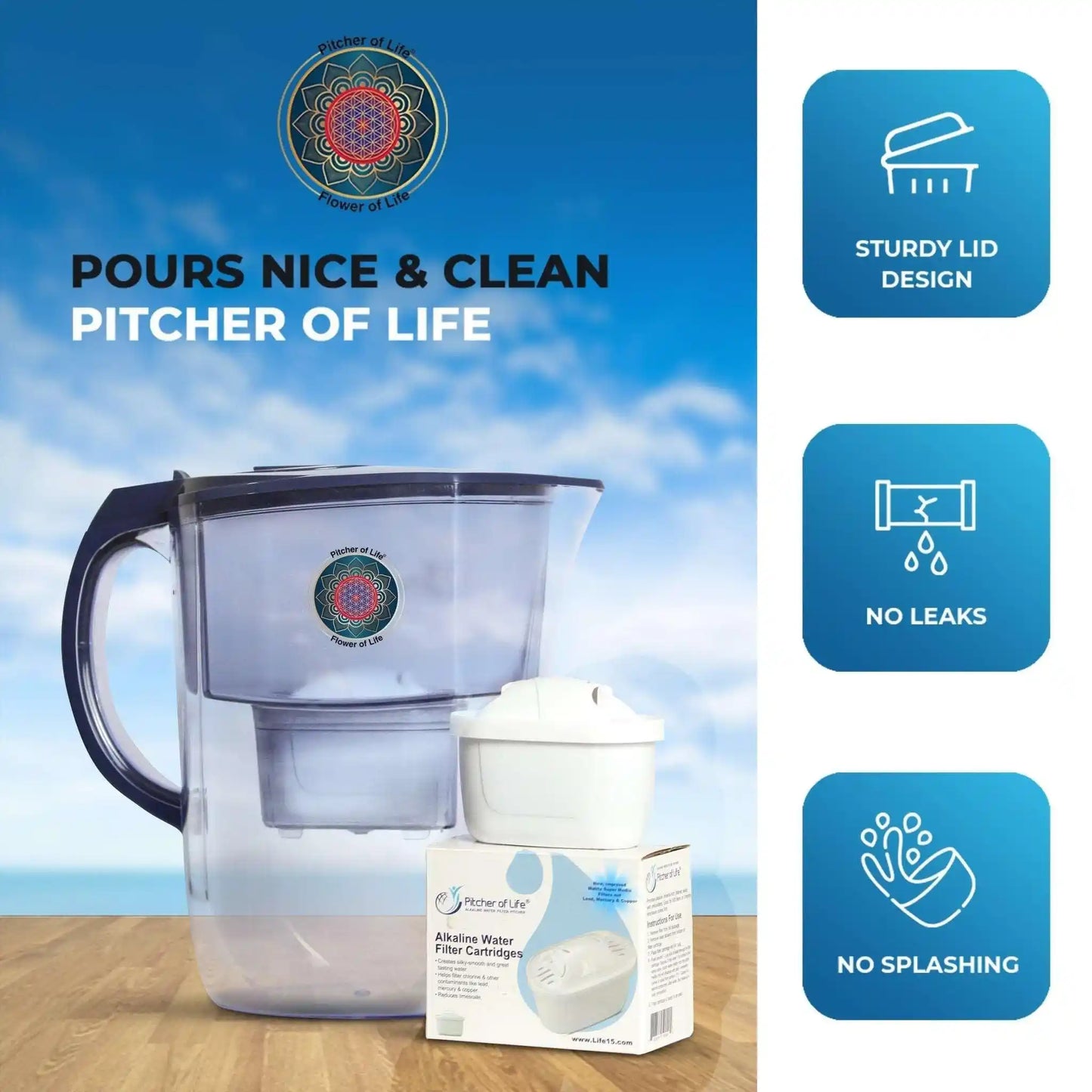 Alkaline Water PITCHER OF LIFE® with Flower of Life - Super Alkaline Water Filter Pitcher