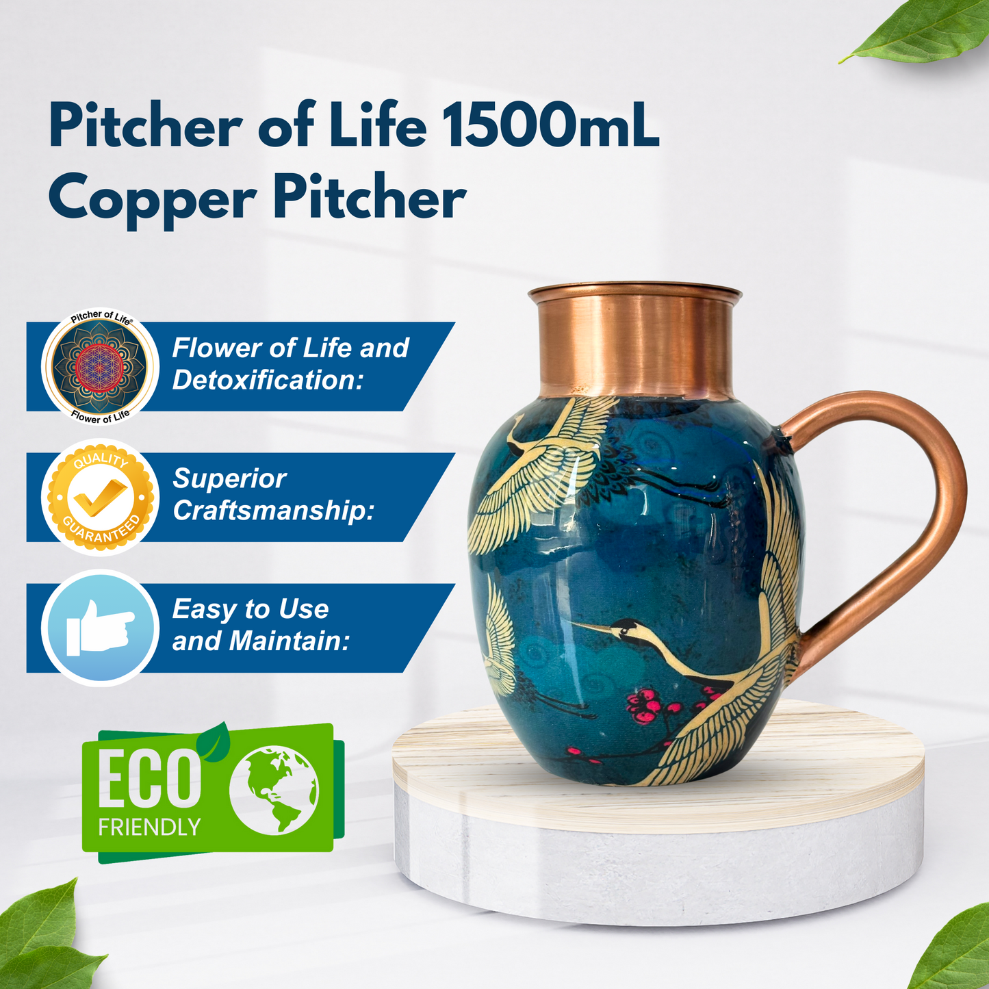 Pitcher of Life 1500mL Copper Pitcher - White Birds Design