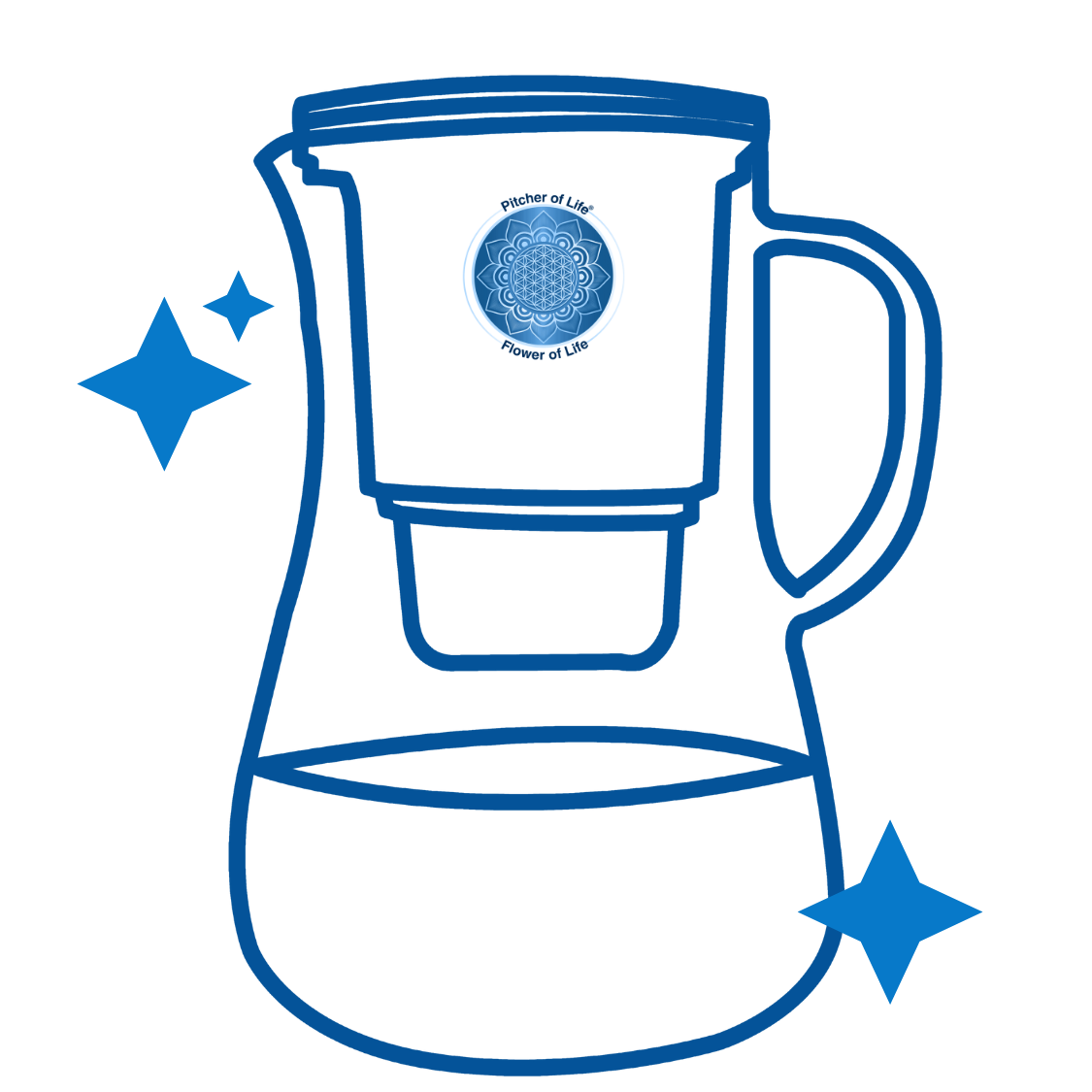 Blue outline of a pitcher with 'Flower of Life' symbol on a white background
