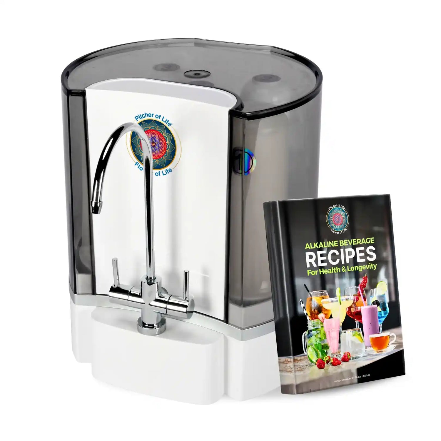 Alkaline water dispenser with a book on alkaline beverage recipes on a white background