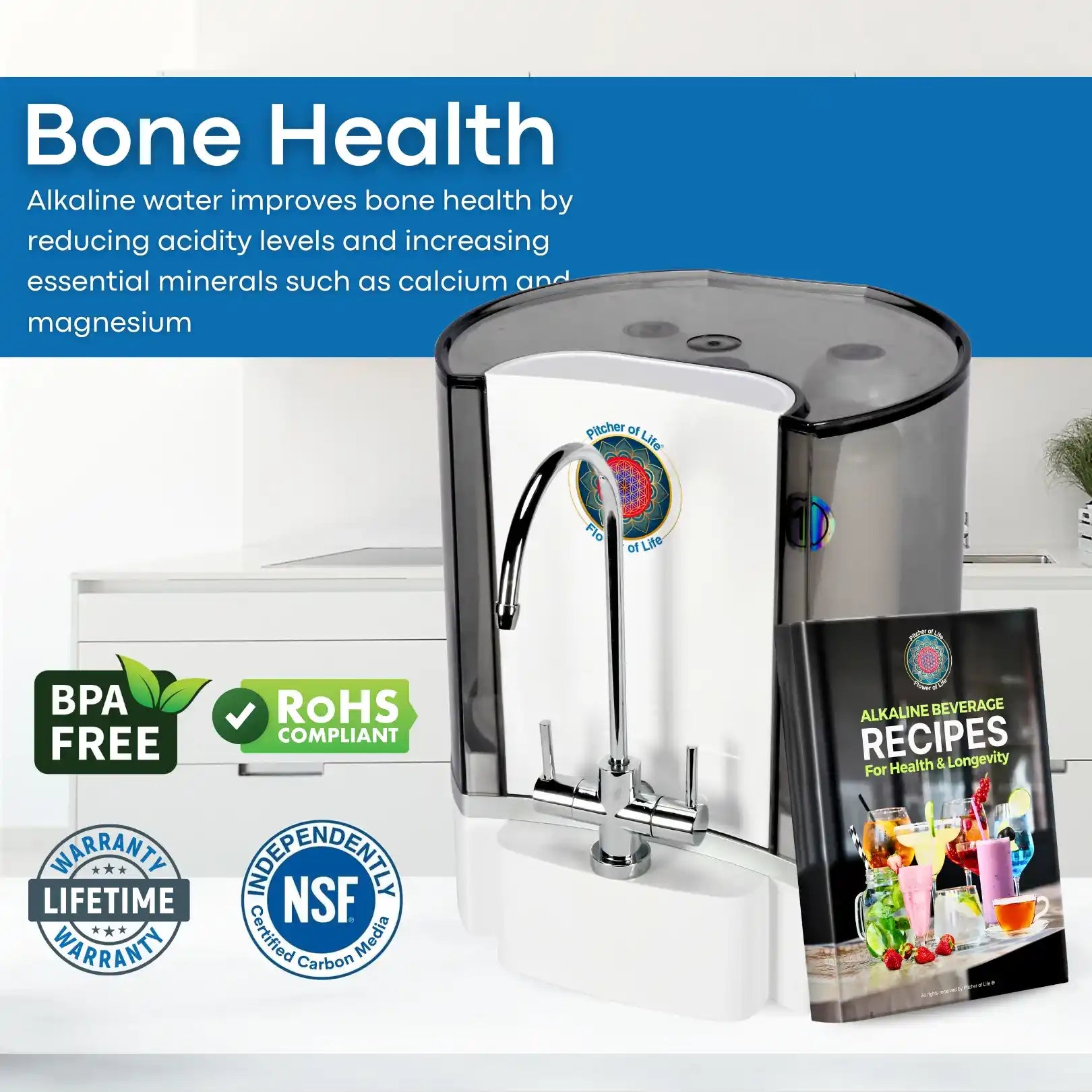 Alkaline water filter with a book on bone health and recipes in a kitchen setting
