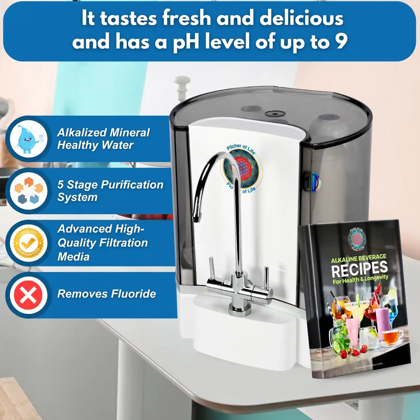 Alkaline water dispenser with features listed on a blue background