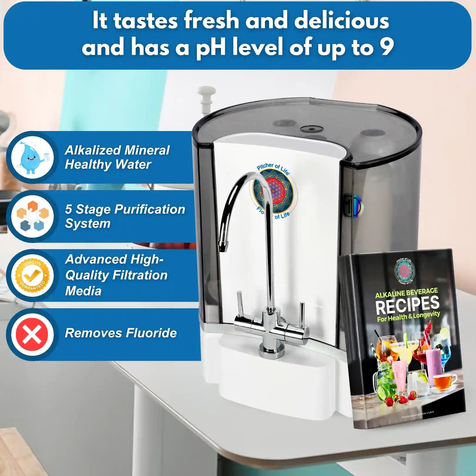 Alkaline water dispenser with features listed on a blue background
