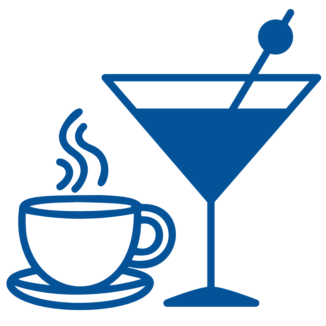 Blue icon of a coffee cup and a martini glass on a white background