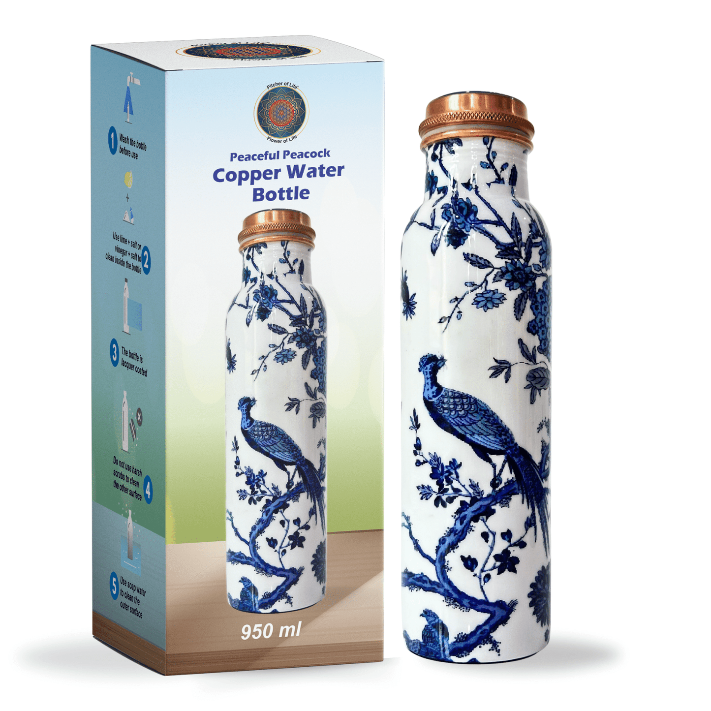 950mL Pure Copper Bottle - Blue and White Color Peacock Design
