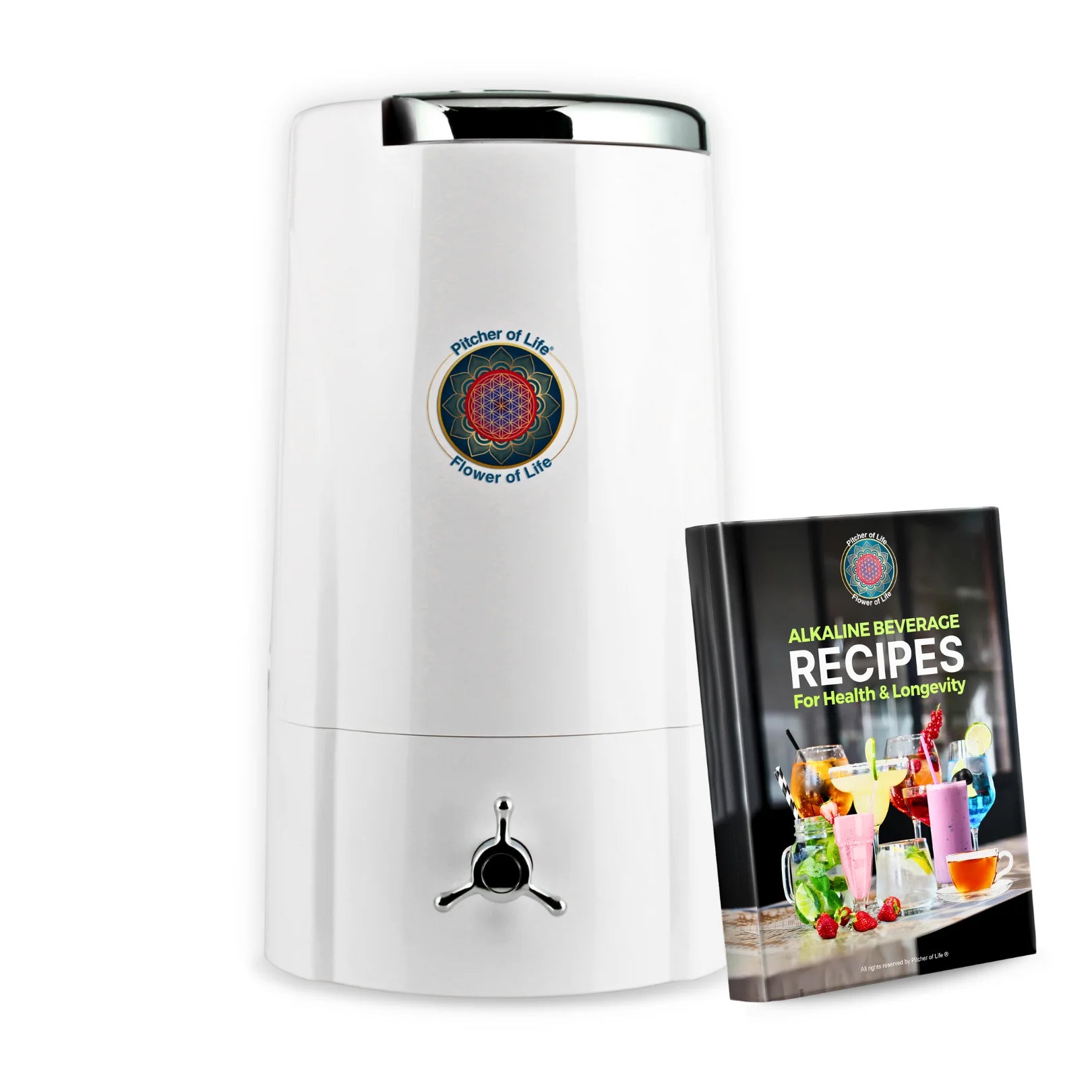 White appliance with a book titled 'Alkaline Beverage Recipes' on a white background