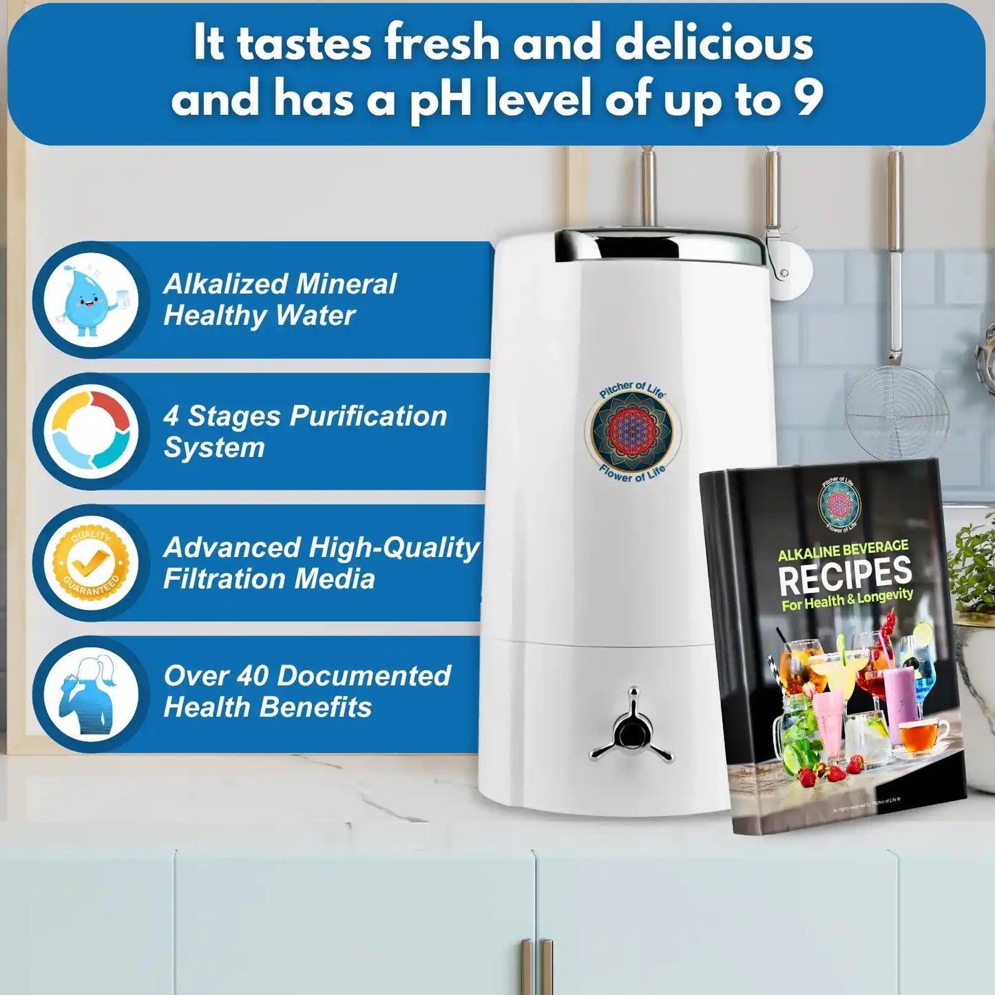 Alkaline water dispenser with features listed on a blue background, next to a book titled 'Alkaline Beverage Recipes'.
