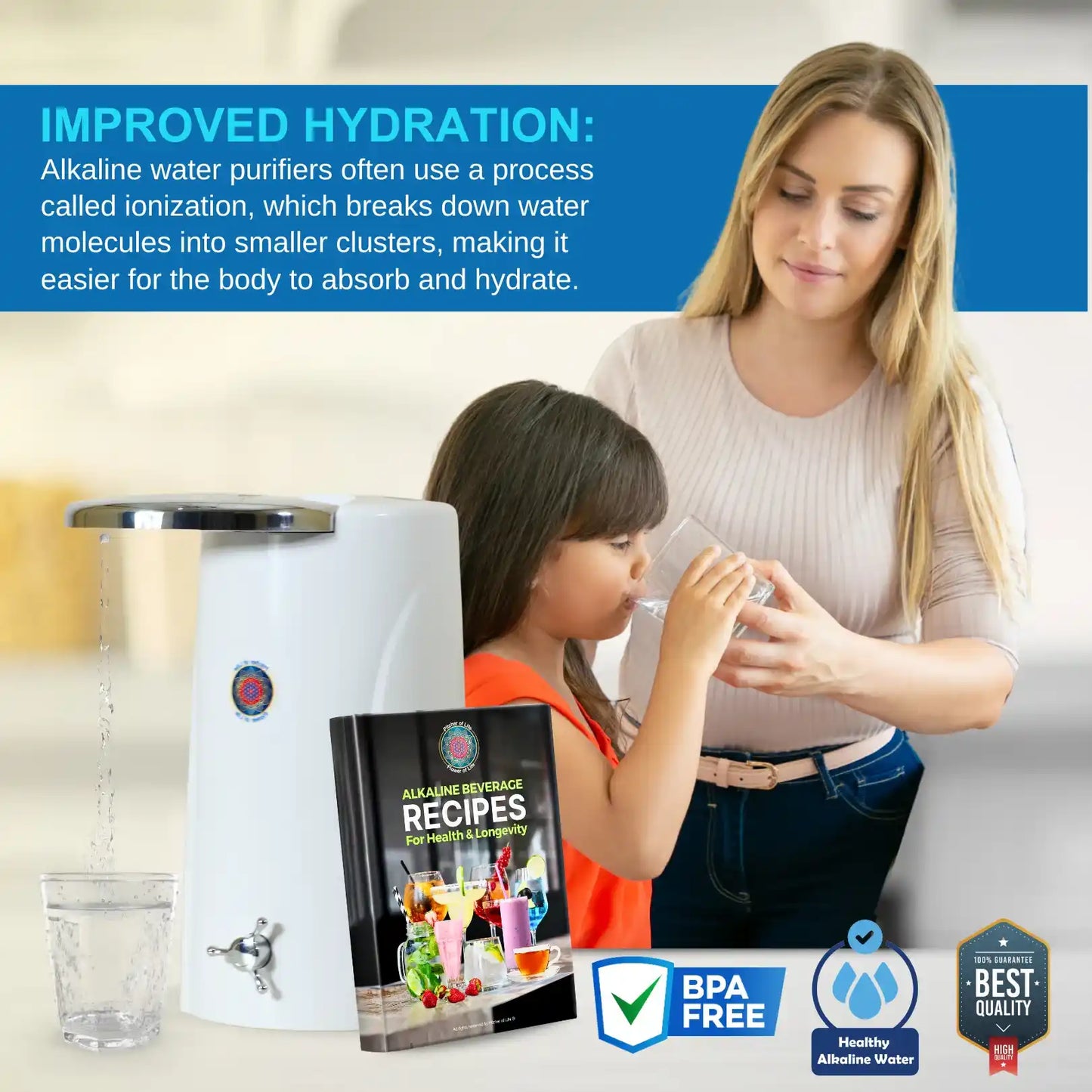 Woman and child with alkaline water purifier and book on improved hydration