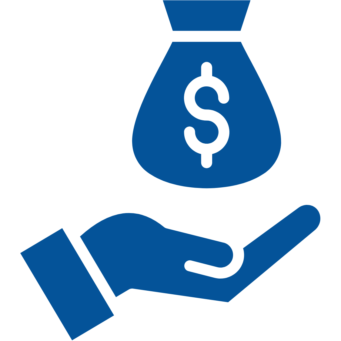 Blue icon of a hand holding a money bag with a dollar sign on a white background