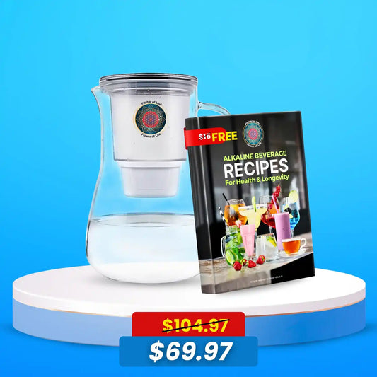 Alkaline beverage maker with a free alkaline beverage recipes book on a blue background