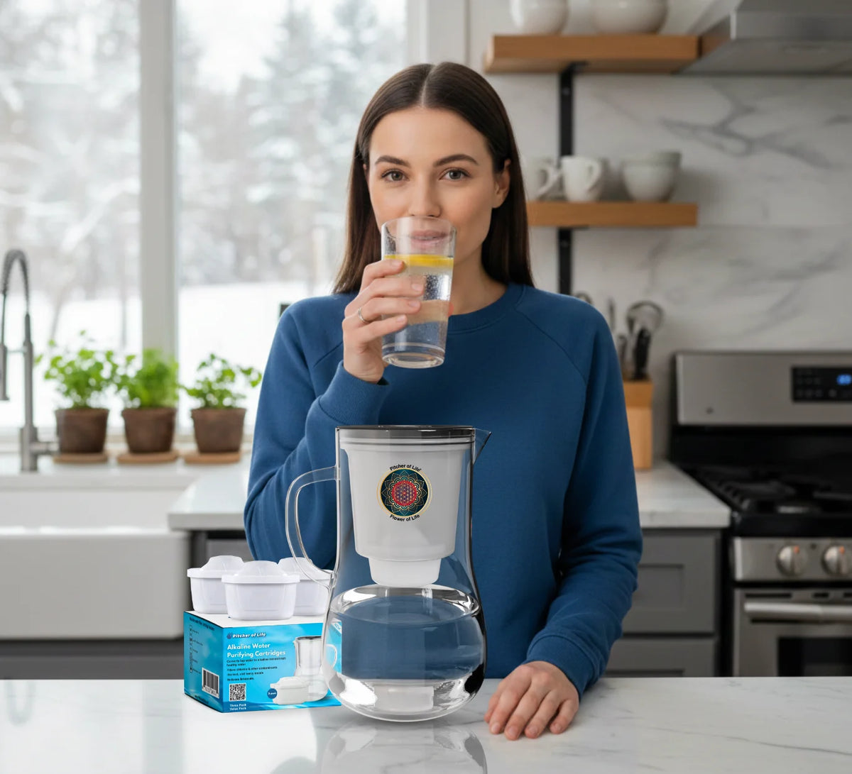 Woman holding a blender in a kitchen with a cookbook and ingredients on the counter.