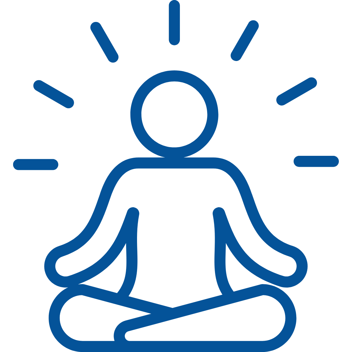 Blue icon of a person in a meditative pose with radiating lines on a white background