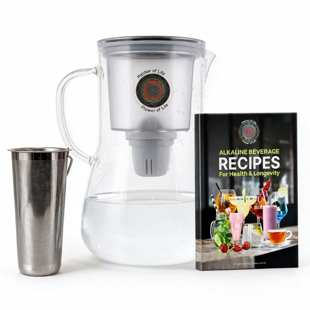 New Borosicliate Glass Pitcher of Life with Alkaline Beverages Book with Stainless Steel Ifuser