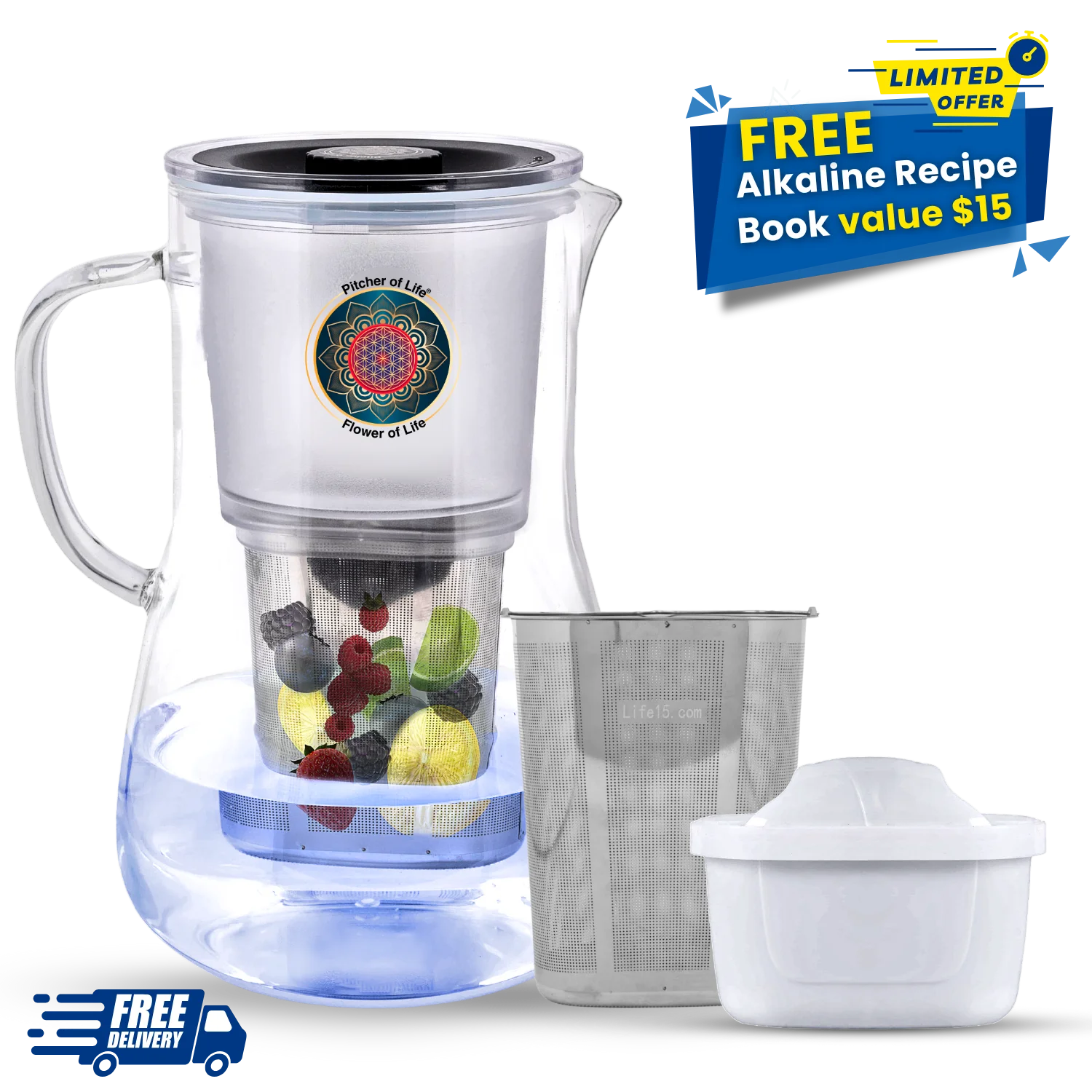 Water pitcher with fruit infuser and additional components on a white background, featuring a free alkaline recipe book offer.