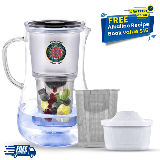 Water pitcher with fruit infuser and additional components on a white background, featuring a free alkaline recipe book offer.