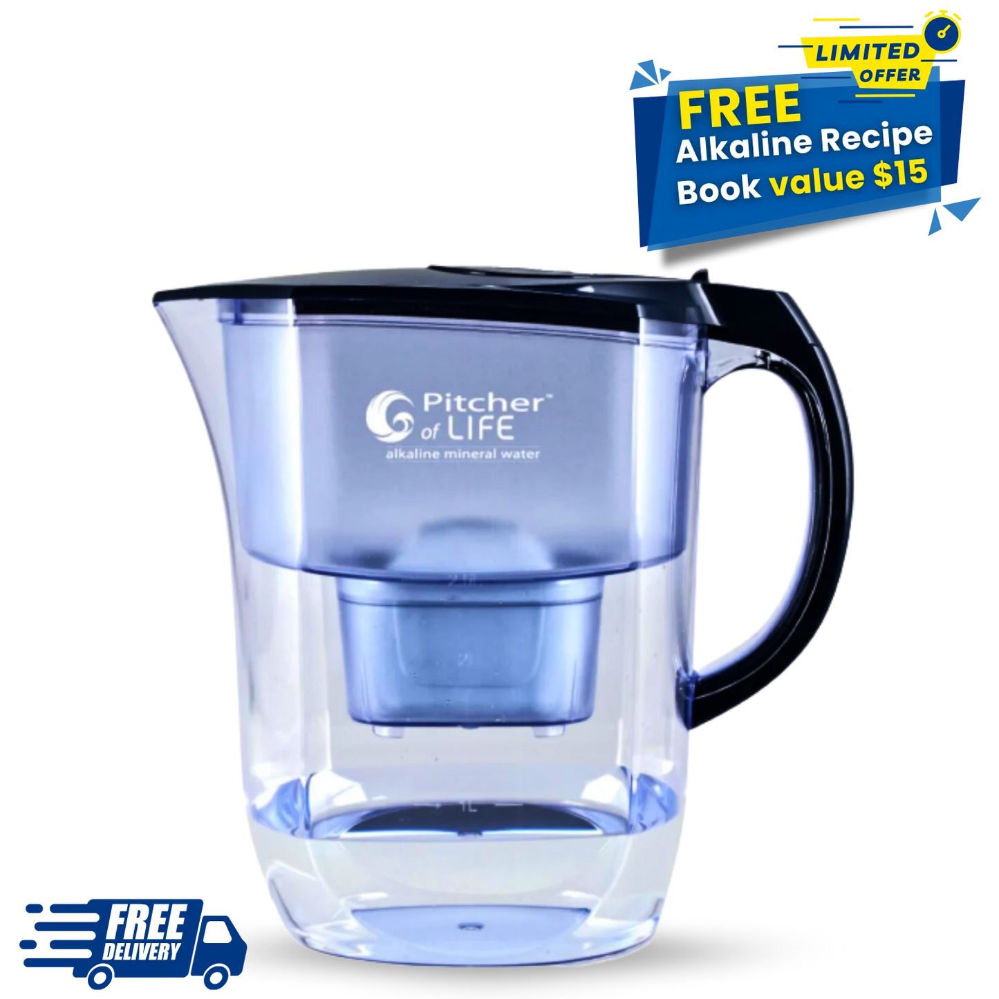 Blue water pitcher with black handle on a white background, featuring 'Pitcher of Life' branding.