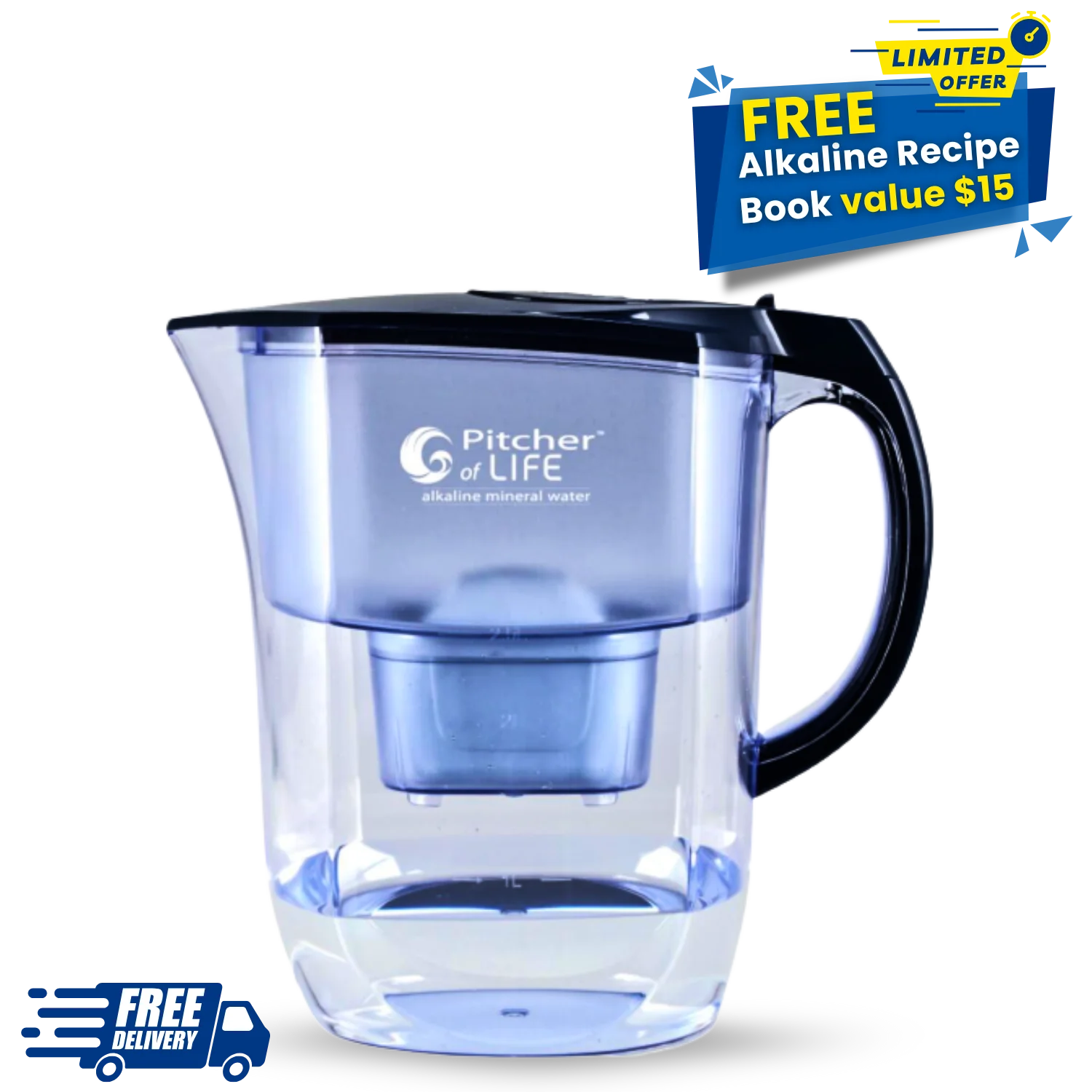 Blue water pitcher with black handle on a white background, featuring 'Pitcher of Life' branding.
