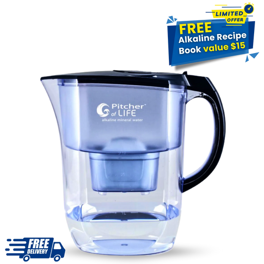 Blue water pitcher with black handle on a white background, featuring 'Pitcher of Life' branding.