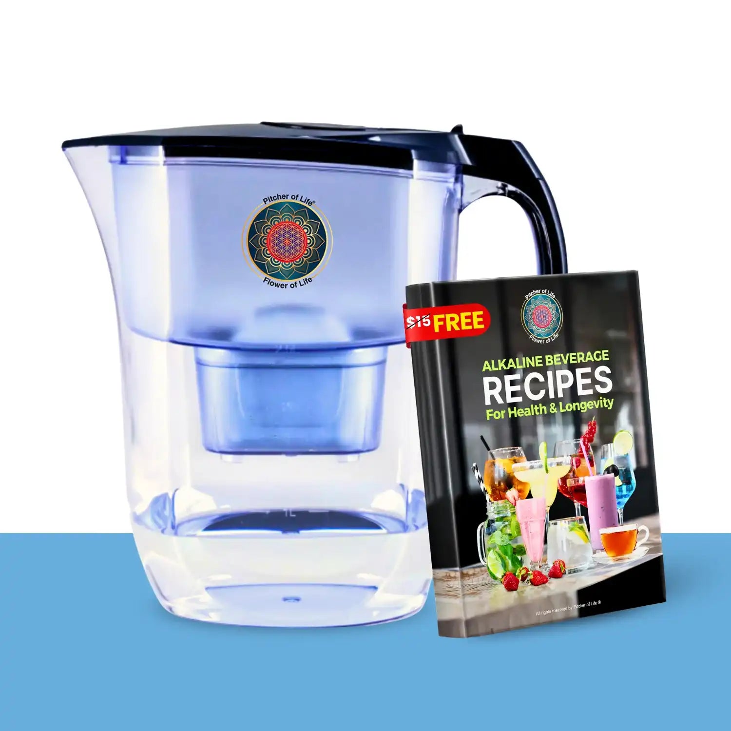 Water filter pitcher with a free alkaline beverage recipes book on a blue background