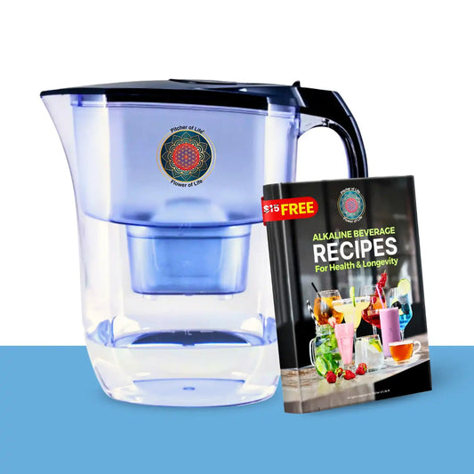 Water filter pitcher with a free alkaline beverage recipes book on a blue background