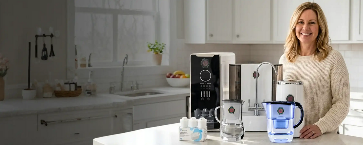A woman stands in a bright, modern kitchen behind a countertop setup featuring a black and white coffee machine, a water filter pitcher, a blue water pitcher, and other small kitchen accessories.