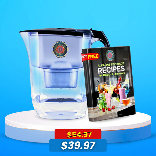 Blue water pitcher with a free recipe book on a blue background