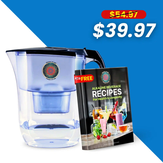 Water pitcher with a book titled 'Alkaline Beverage Recipes' on a blue and white background