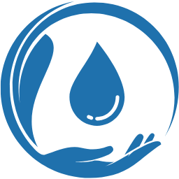 Blue icon of a hand holding a water droplet with leaves, symbolizing environmental protection.