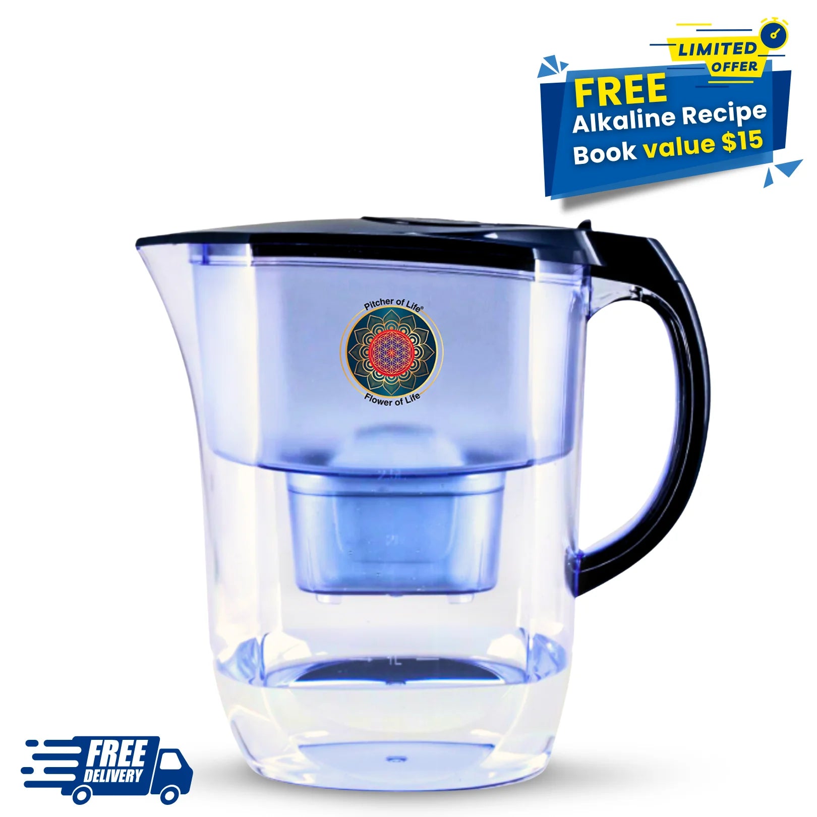 Clear water pitcher with black handle on a white background, featuring a limited offer for an alkaline recipe book.
