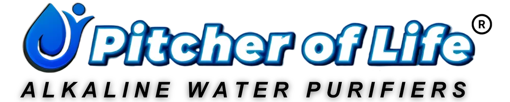 A logo banner for 'Pitcher of Life' featuring a blue water droplet icon and the text 'ALKALINE WATER PURIFIERS' on a white background.