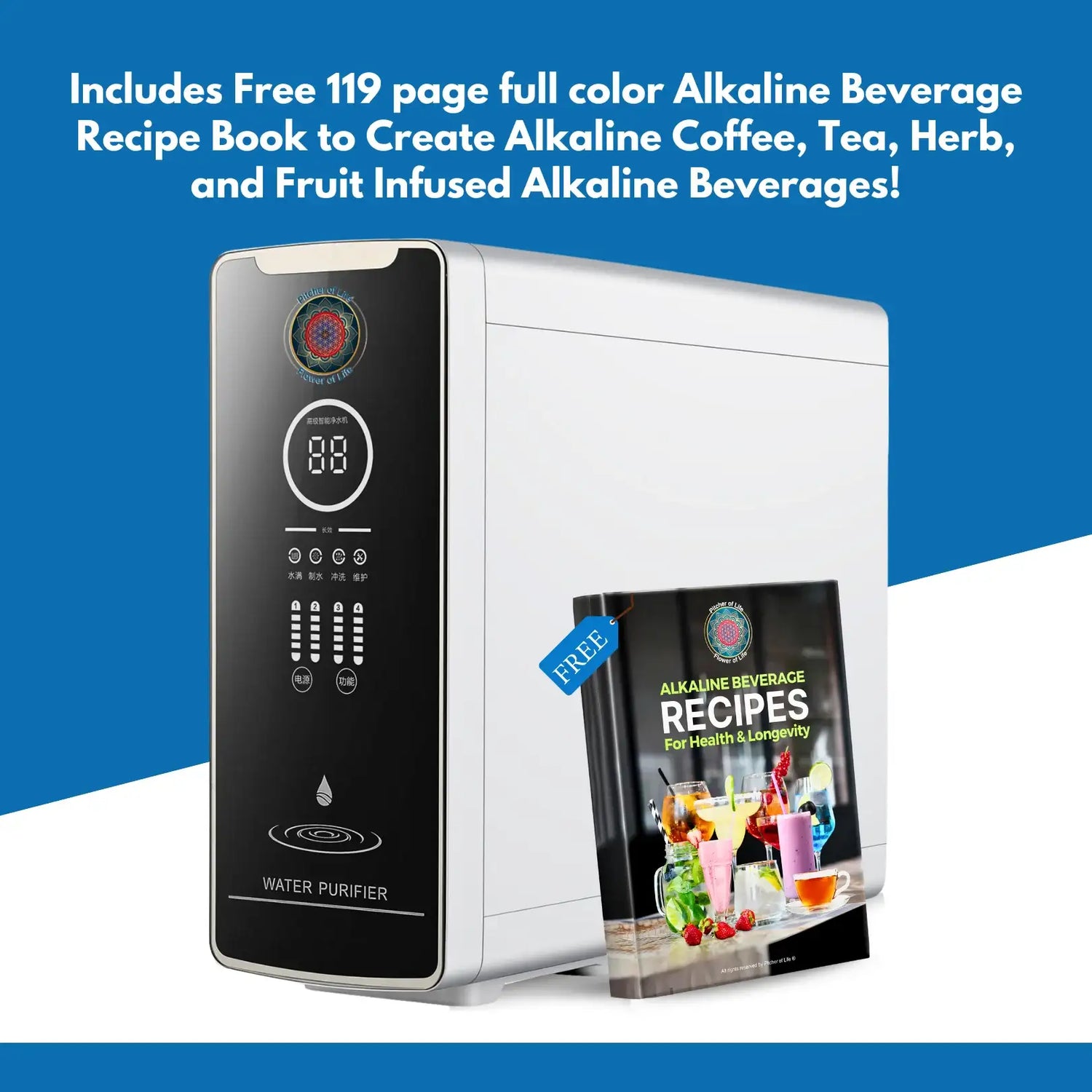 Water purifier with a free alkaline beverage recipe book on a blue background