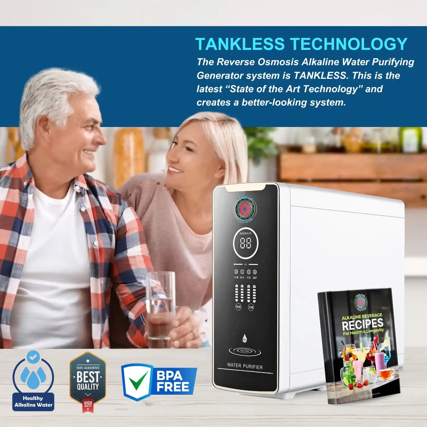 Advertisement for a tankless water purifying generator with a couple enjoying a drink in the background.