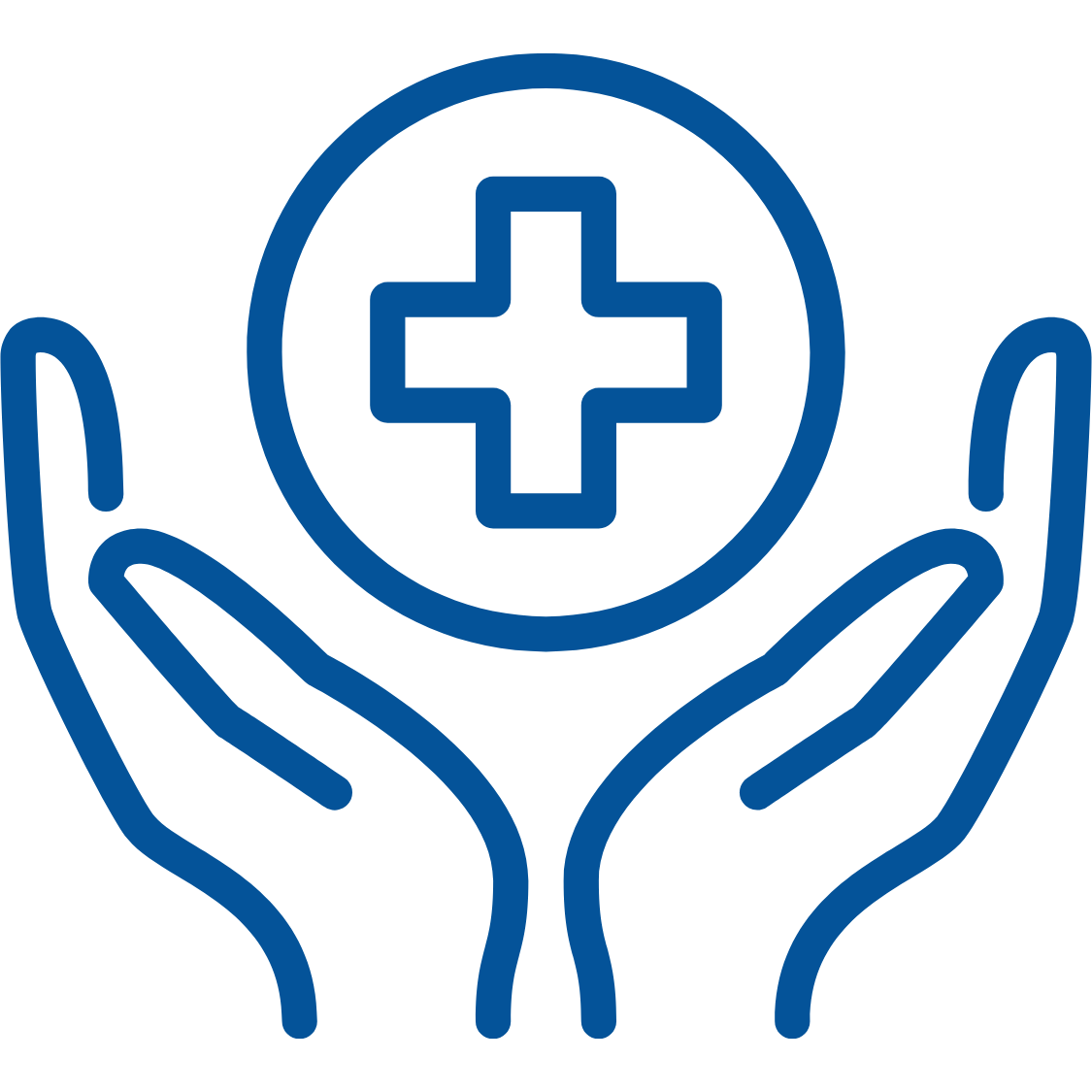 Blue outline of two hands holding a medical cross symbol on a white background