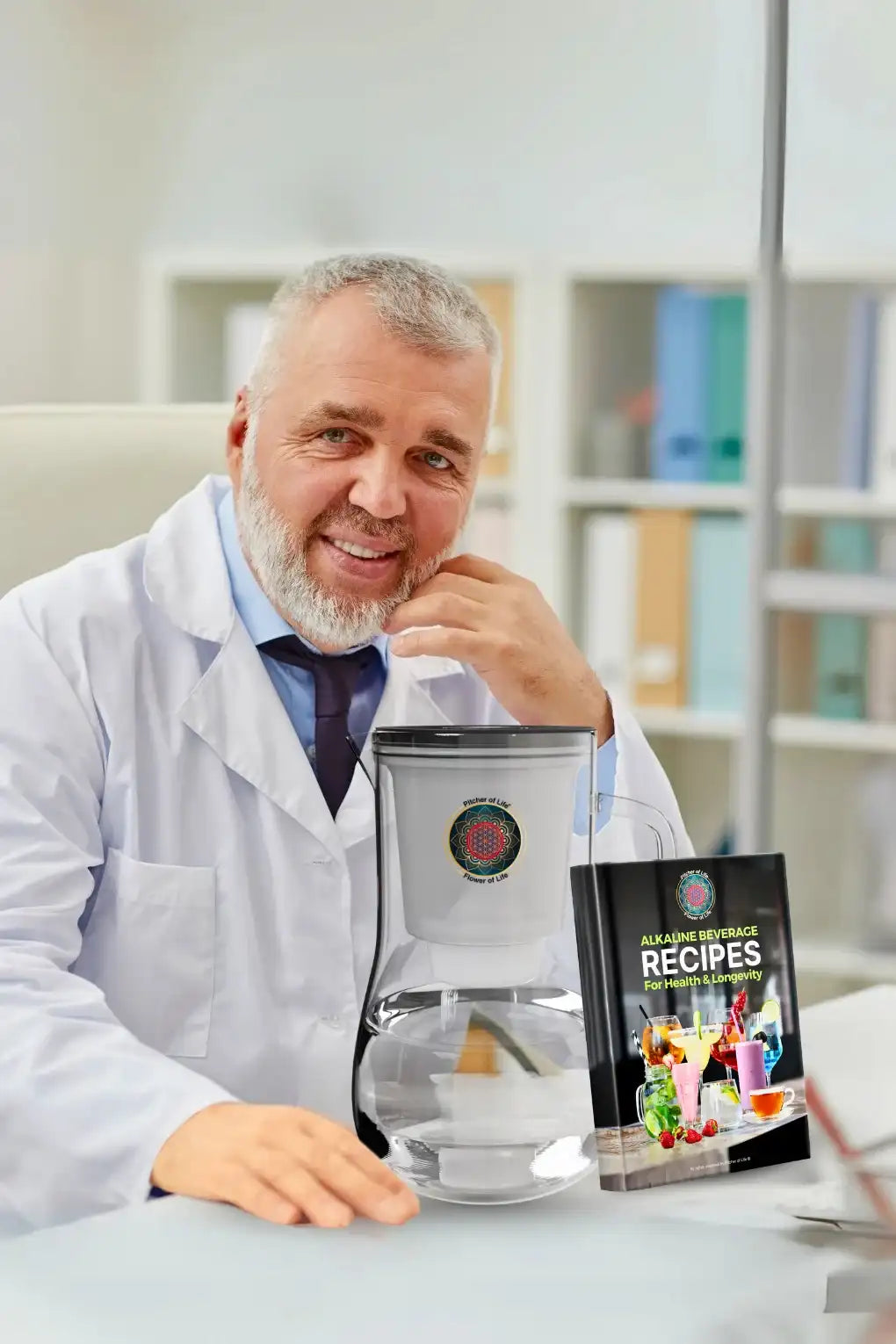 Man in a lab coat with a water filter and recipe book in a laboratory setting