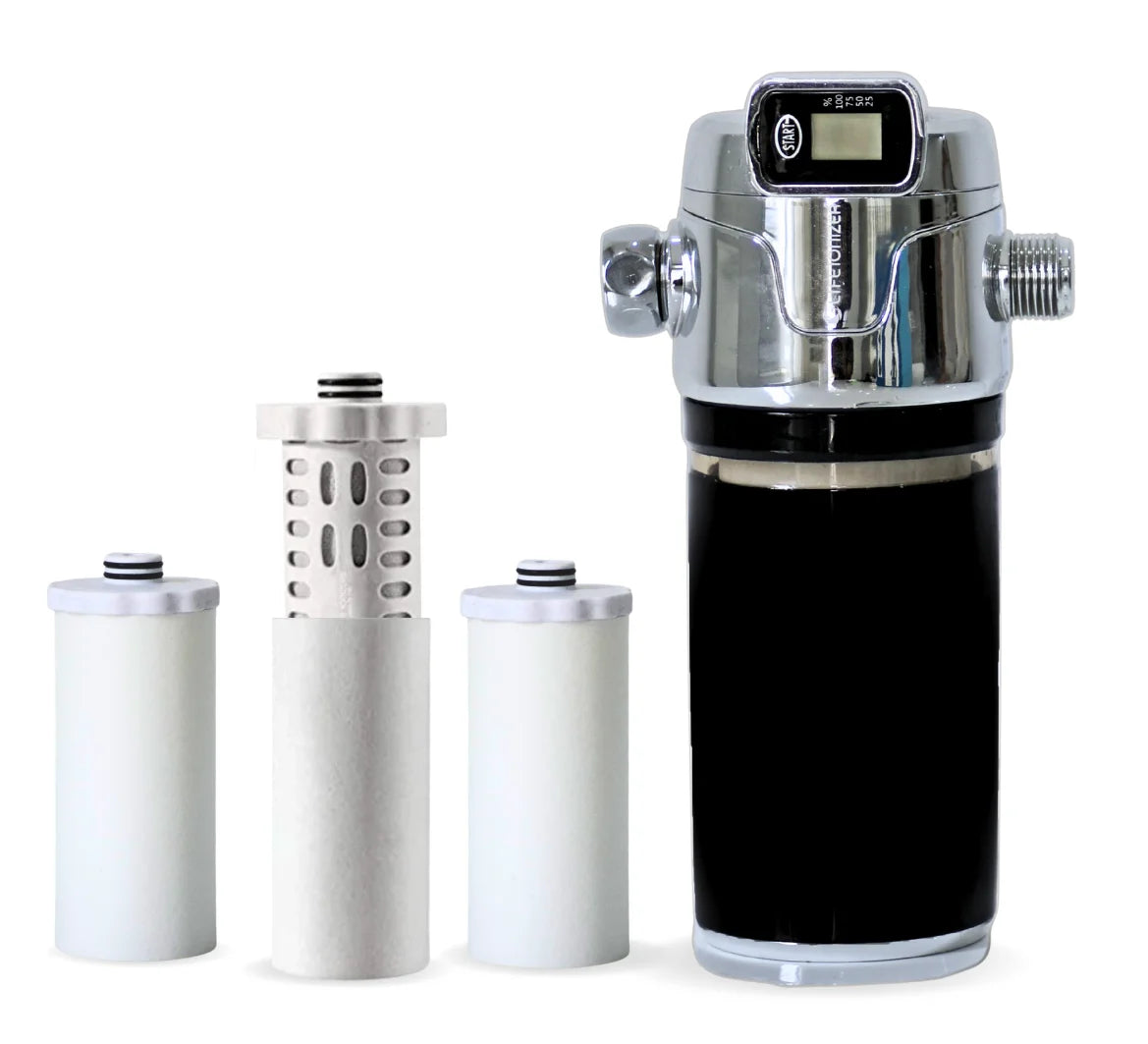 Water filtration system with three replacement filters on a white background