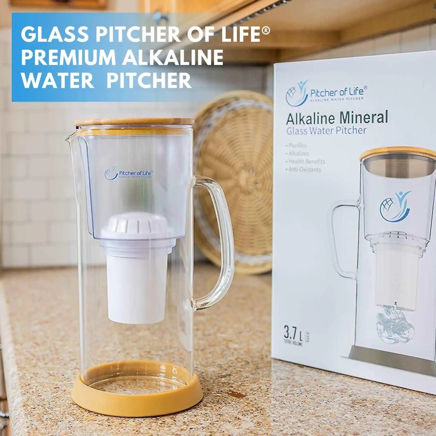 Borosilicate Glass Pitcher of Life with Bamboo Lid Stainless Steel Underside