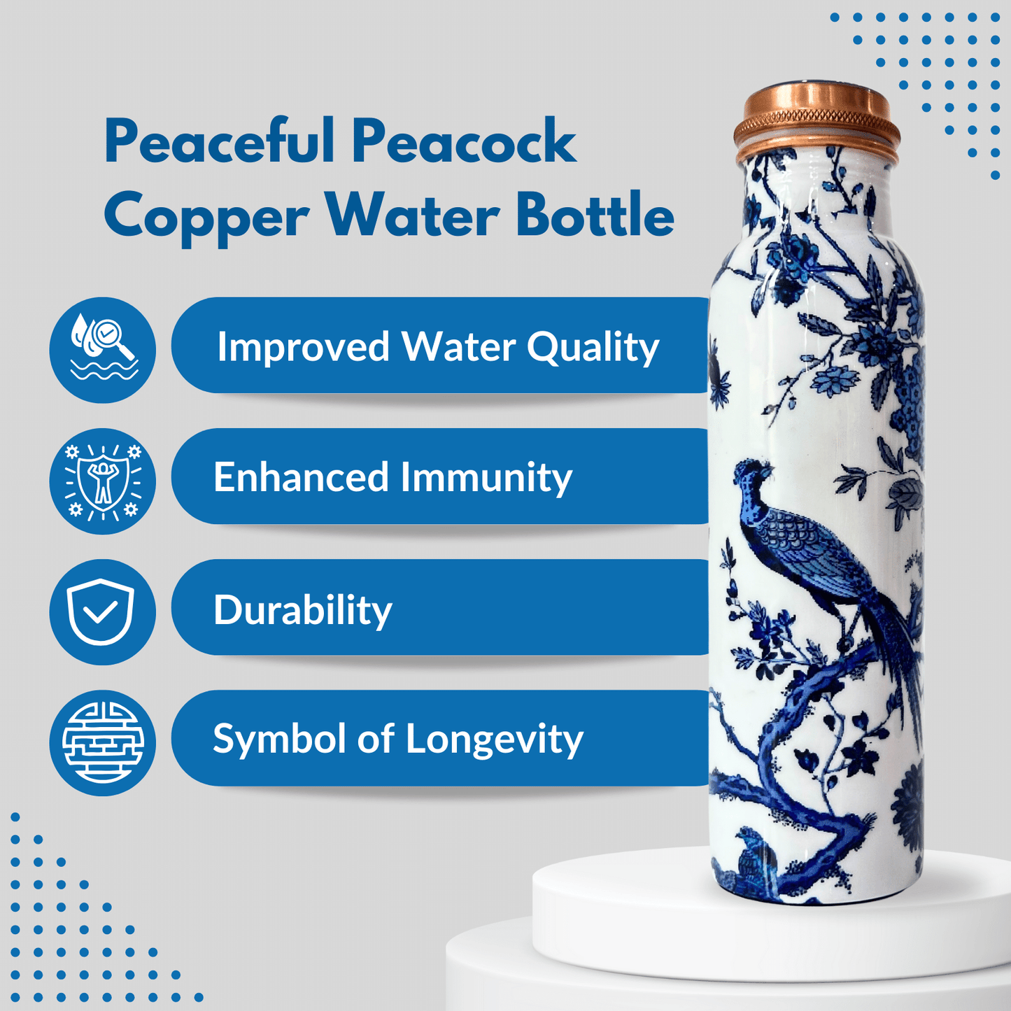 950mL Pure Copper Bottle - Blue and White Color Peacock Design