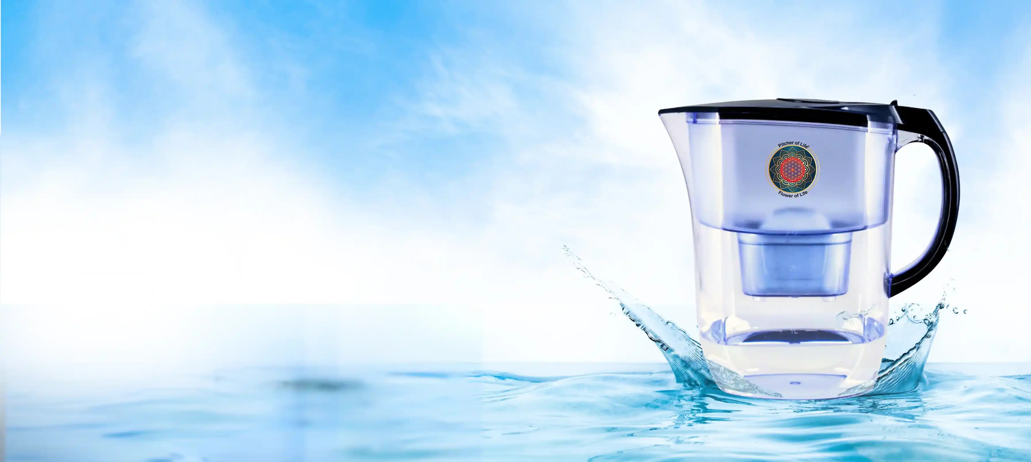 Water filter pitcher with a brand logo on a blue water background