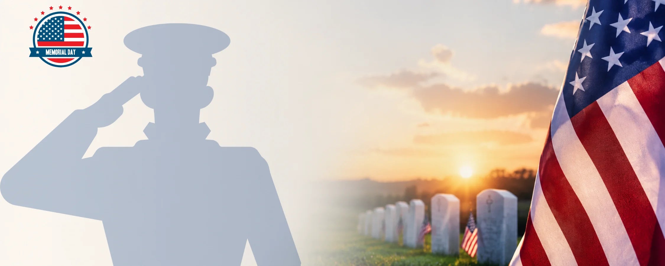Silhouette of a person saluting with an American flag and cemetery in the background