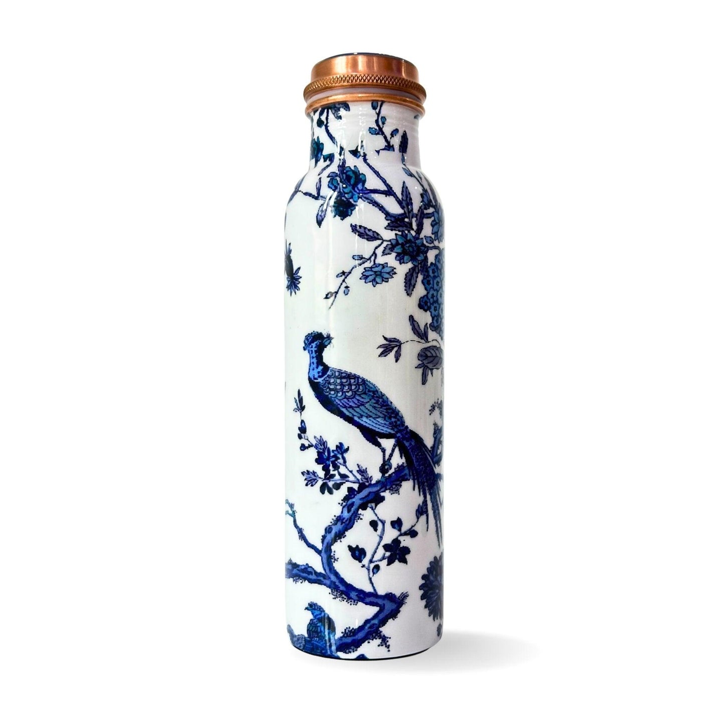 copper bottle blue and white peacock 