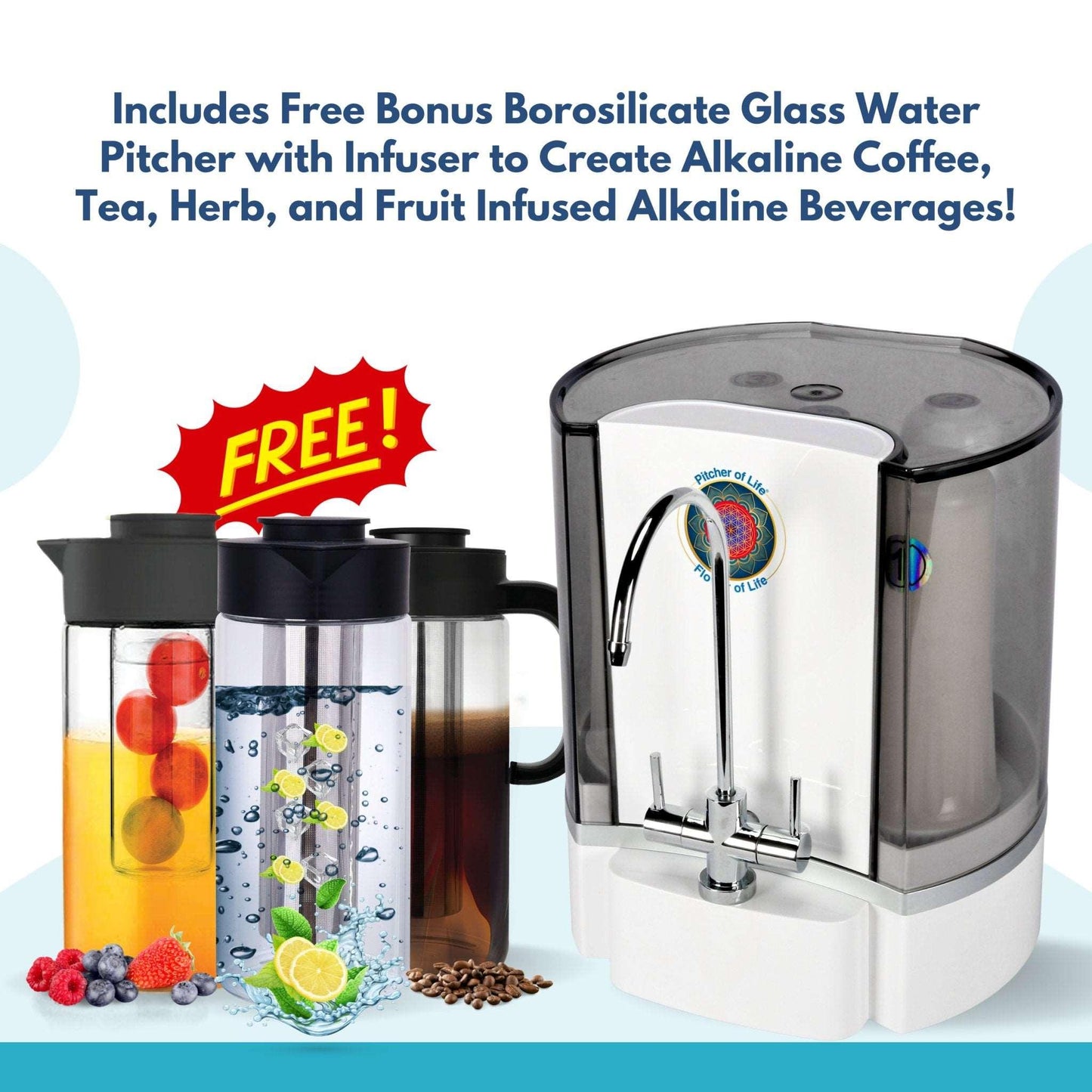 Life Sciences Hydrogen Alkaline Bio Energy Water System Includes Free Bonus Life Borosilicate Glass Water Pitcher with Infuser