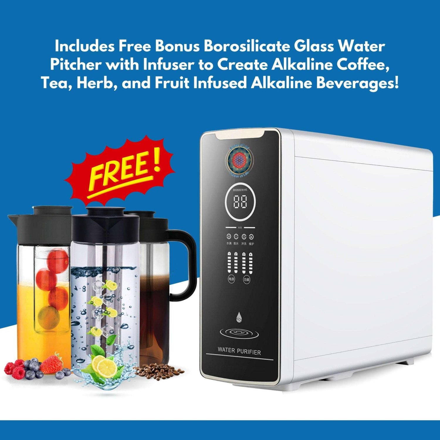 Life Sciences™ Reverse Osmosis Alkaline Water Purifying Generator - New Tankless Technology. Include Free Bonus Life Borosilicate Glass Water Pitcher with Infuser