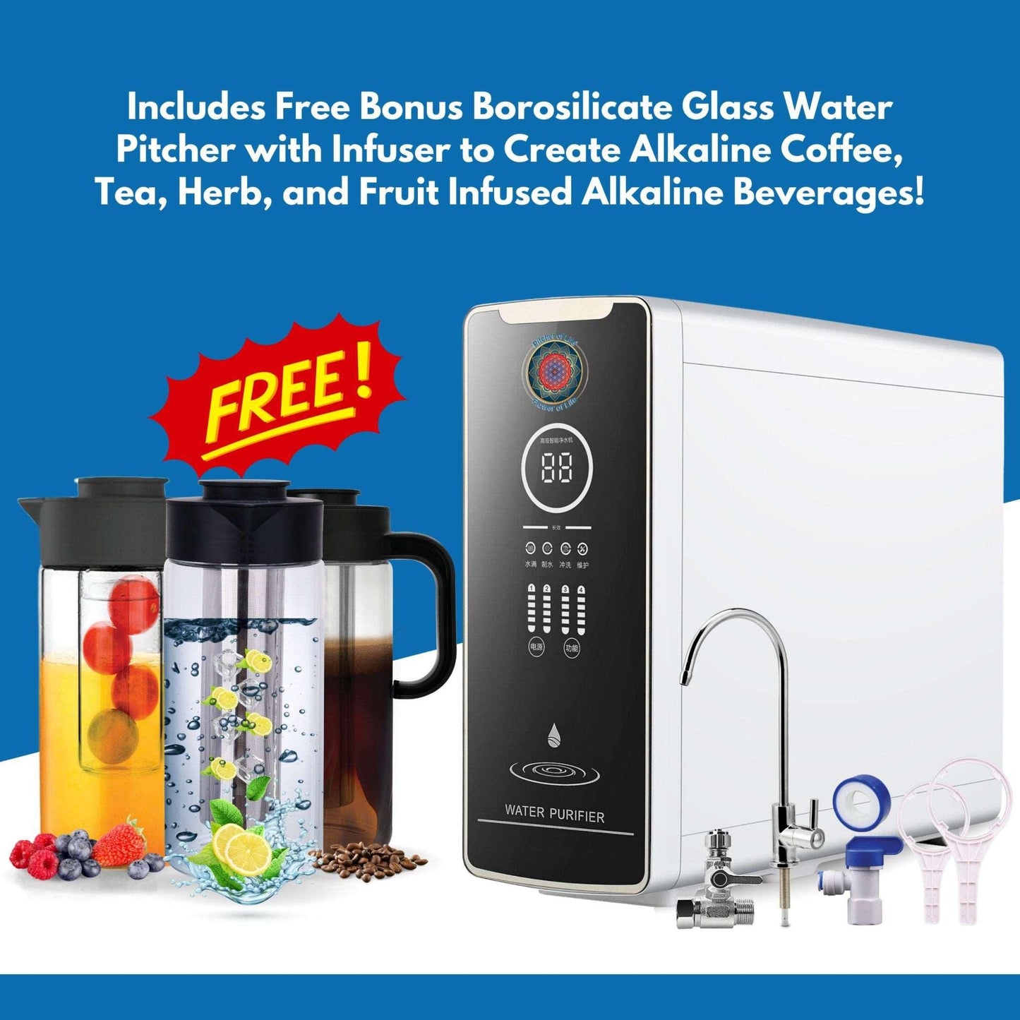 Life Sciences Reverse Osmosis Alkaline Water Purifying Generator - Under Counter. Include Free Bonus Life Borosilicate Glass Water Pitcher with Infuser